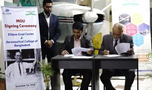 Mr. Mirza Shahriar Islam, one of the director of Ellipse Grad Center, and Mr. Moslem Udding, Principle of Aeronautical College of Bangladesh signing the agreement paper on behalf of their respective organization.